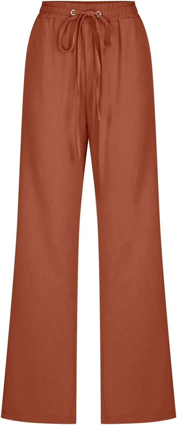 Womens Casual Summer Pants 2024 Straight Leg Drawstring Elastic High Waist Cotton Linen Pants Loose Comfy Trousers