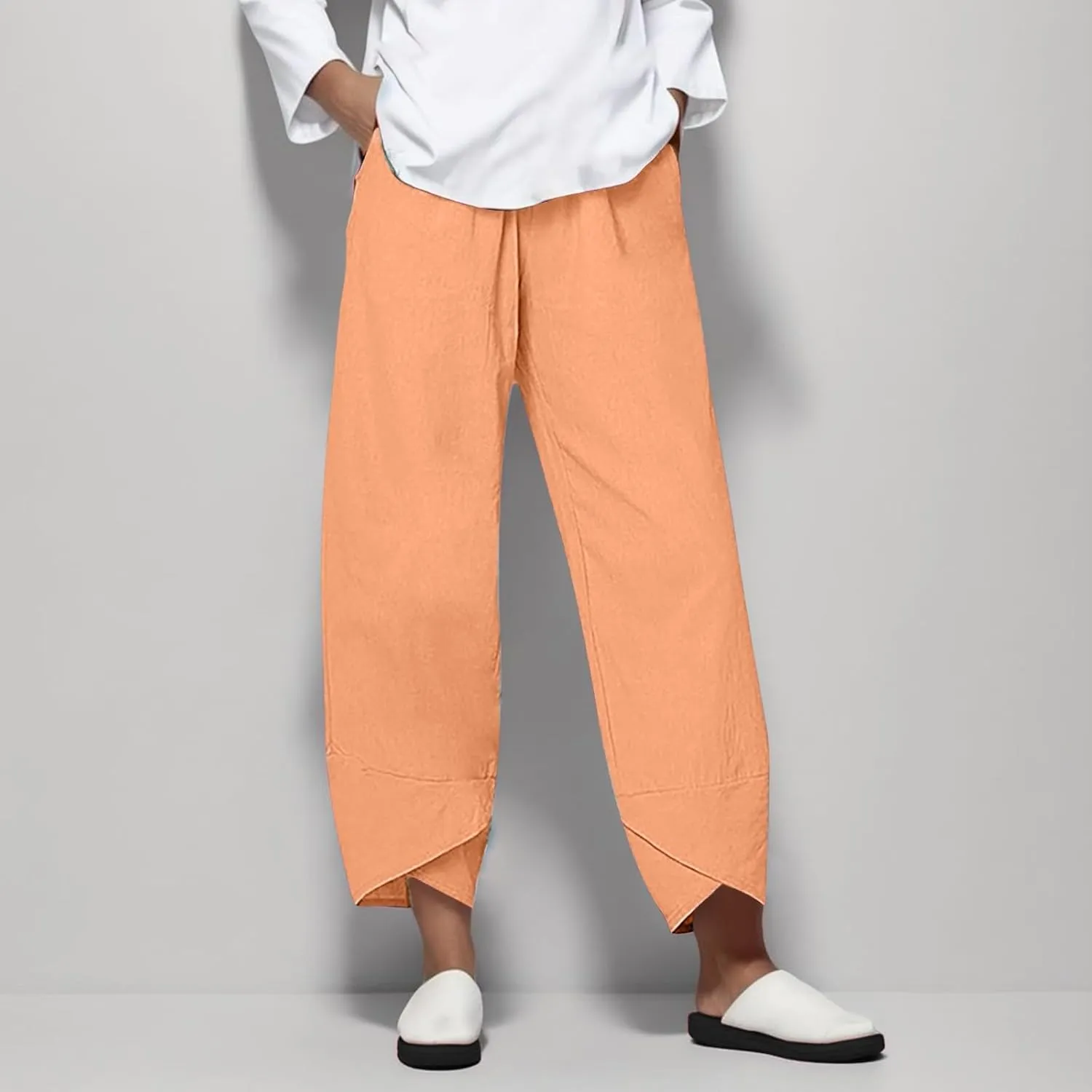 Women's Cotton Linen Capri Pants Casual Cropped Baggy Trousers Comfy Loose Palazzo Lounge Pants with Pockets