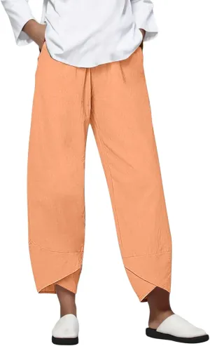 Women's Cotton Linen Capri Pants Casual Cropped Baggy Trousers Comfy Loose Palazzo Lounge Pants with Pockets