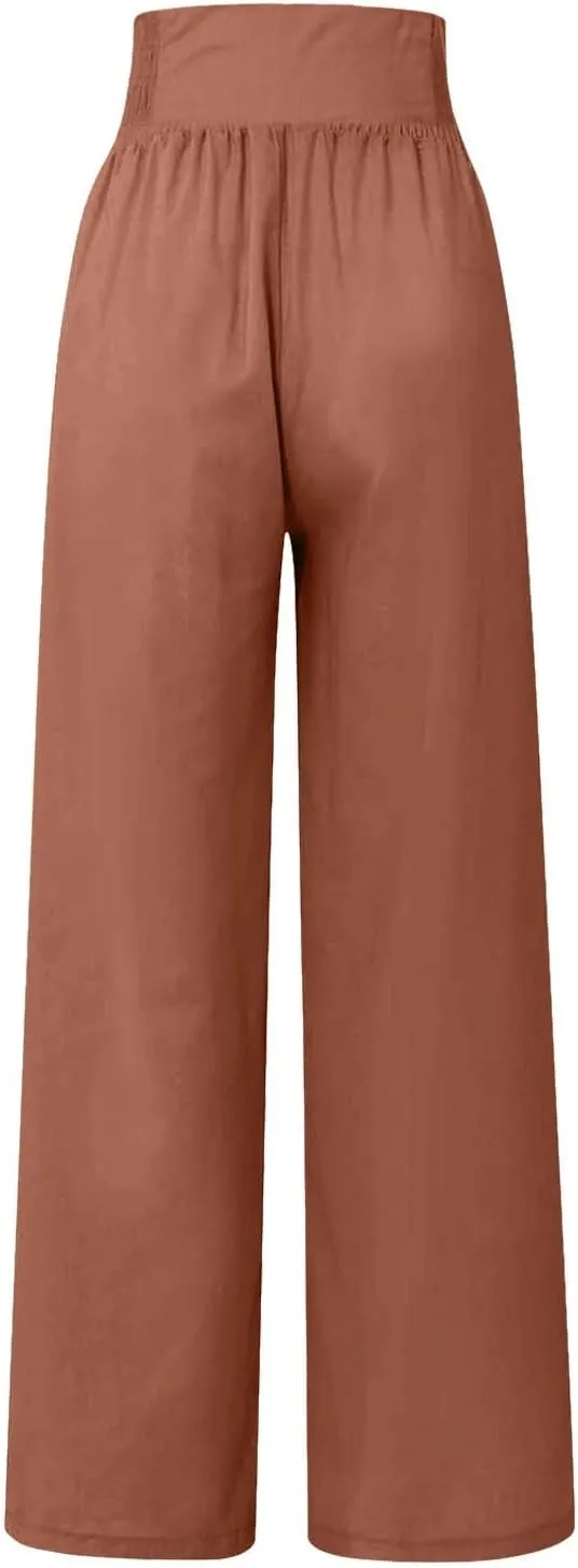 Women's Cotton Linen Pants,Summer Wide Leg Casual Button Elastic High Waist Palazzo Trousers