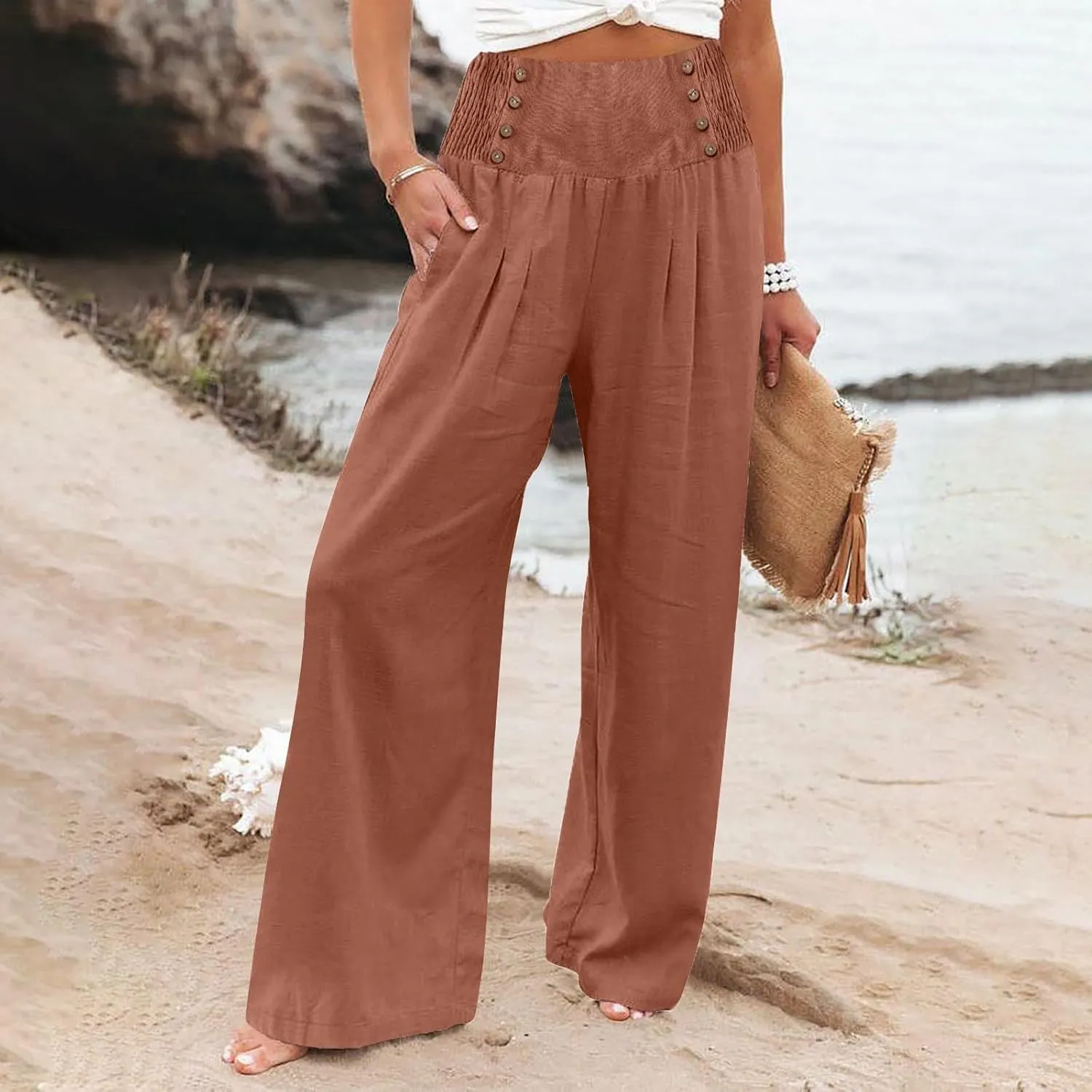 Women's Cotton Linen Pants,Summer Wide Leg Casual Button Elastic High Waist Palazzo Trousers