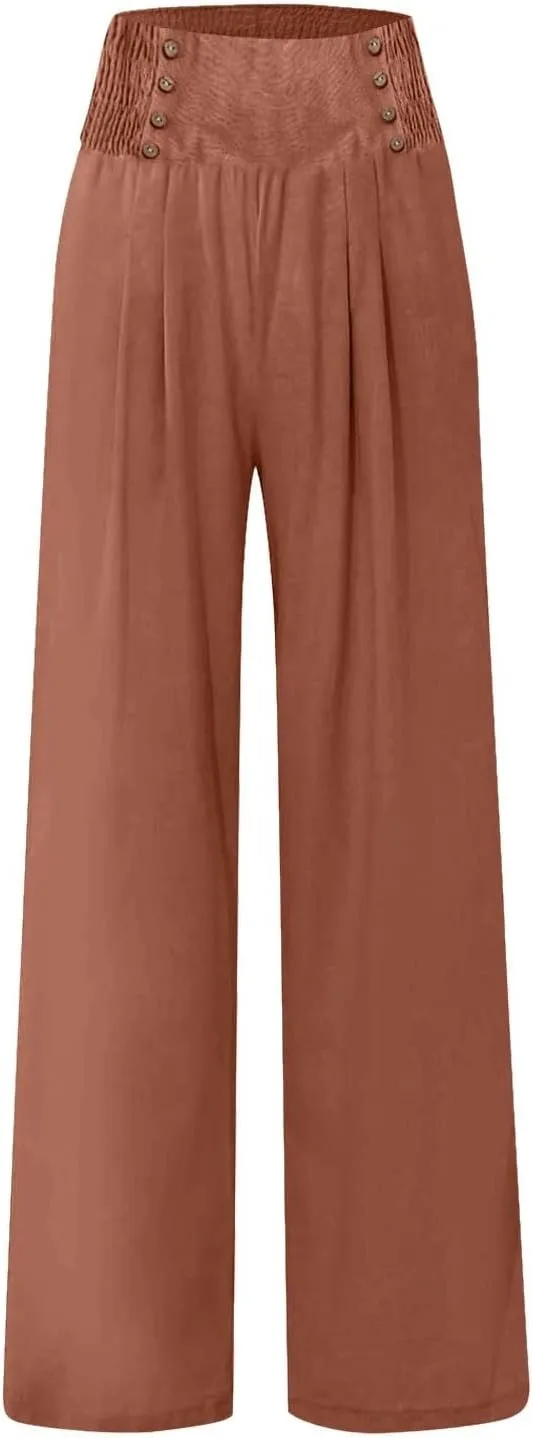 Women's Cotton Linen Pants,Summer Wide Leg Casual Button Elastic High Waist Palazzo Trousers