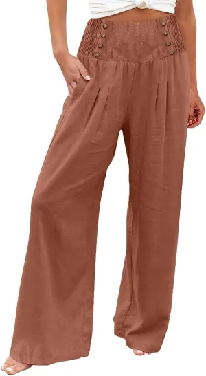 Women's Cotton Linen Pants,Summer Wide Leg Casual Button Elastic High Waist Palazzo Trousers