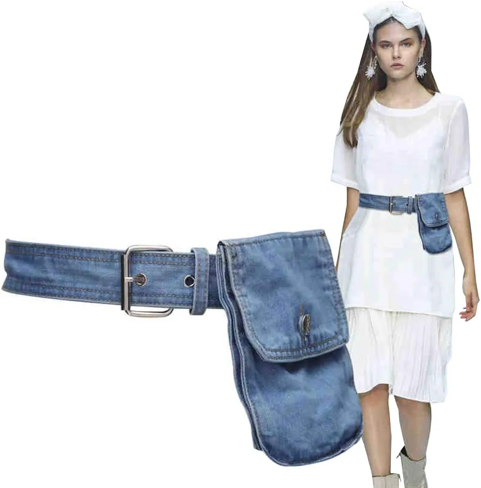 Women's Denim Waist Belt Fanny Pack Waist Bag with Removable Belt Bag