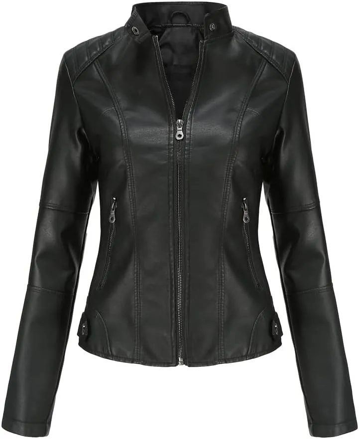 Women's Faux Leather Jacket, Casual Fashion Coat, Black