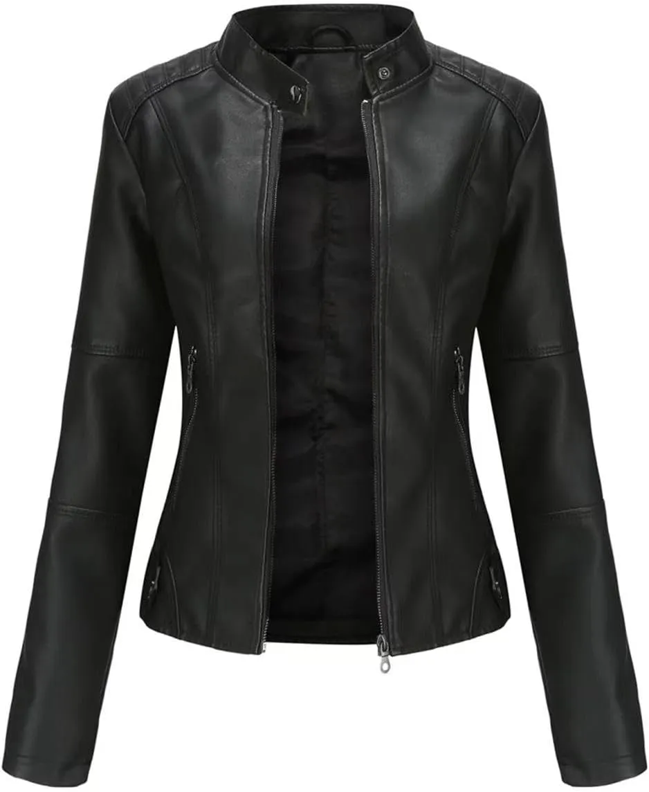 Women's Faux Leather Jacket, Casual Fashion Coat, Black