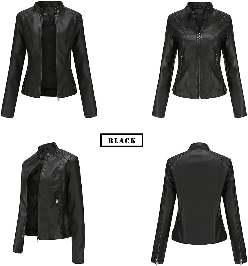 Women's Faux Leather Jacket, Casual Fashion Coat, Black