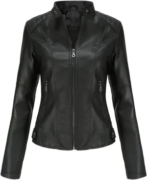 Women's Faux Leather Jacket, Casual Fashion Coat, Black