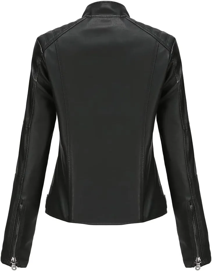 Women's Faux Leather Jacket, Casual Fashion Coat, Black