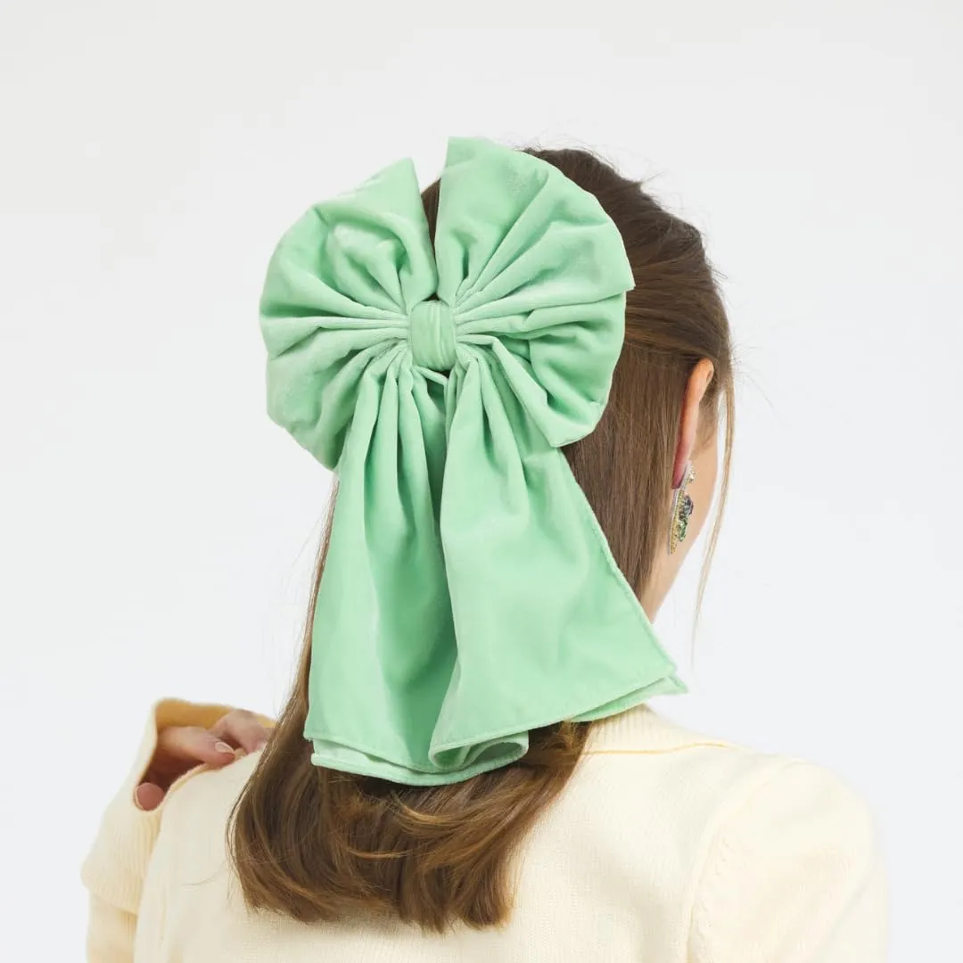 Women's Happiness Is Here Velvet Hair Bow, Handmade, Barrette Clip, Green
