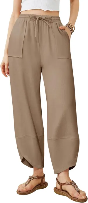 Women's Harem Cotton Linen Pants Wide Leg Barrel Baggy Sweatpants Palazzo Elastic Waist Trousers with Pockets Beach