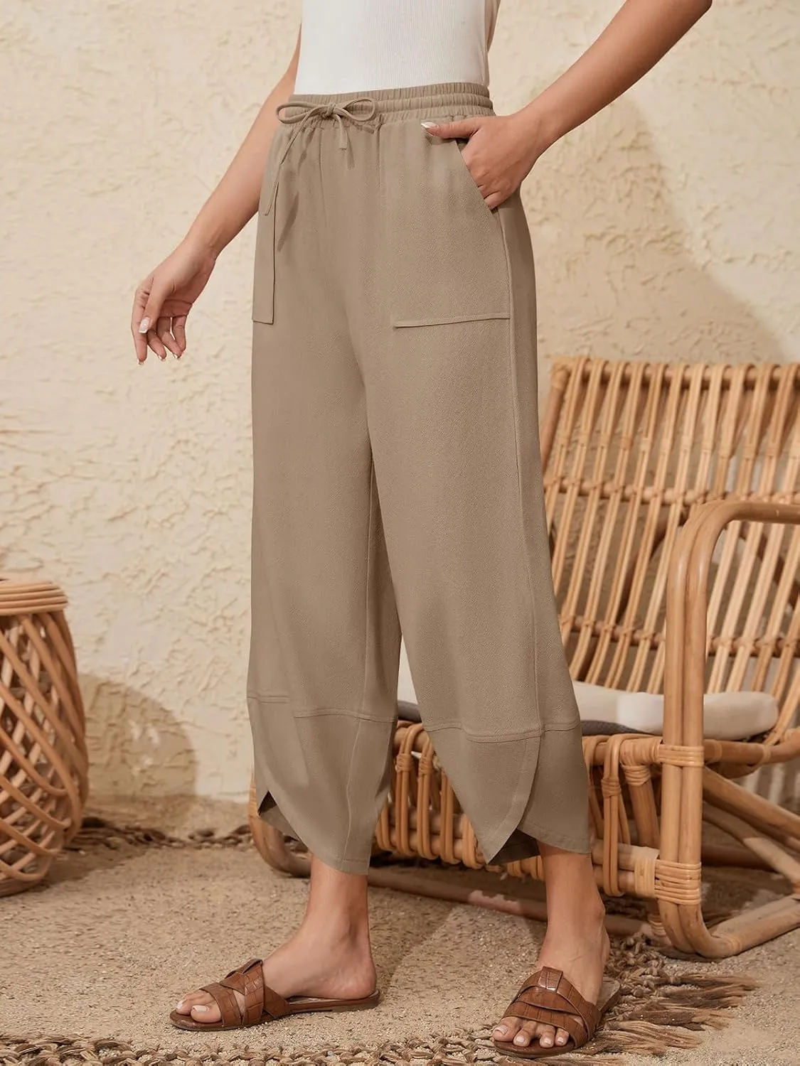 Women's Harem Cotton Linen Pants Wide Leg Barrel Baggy Sweatpants Palazzo Elastic Waist Trousers with Pockets Beach