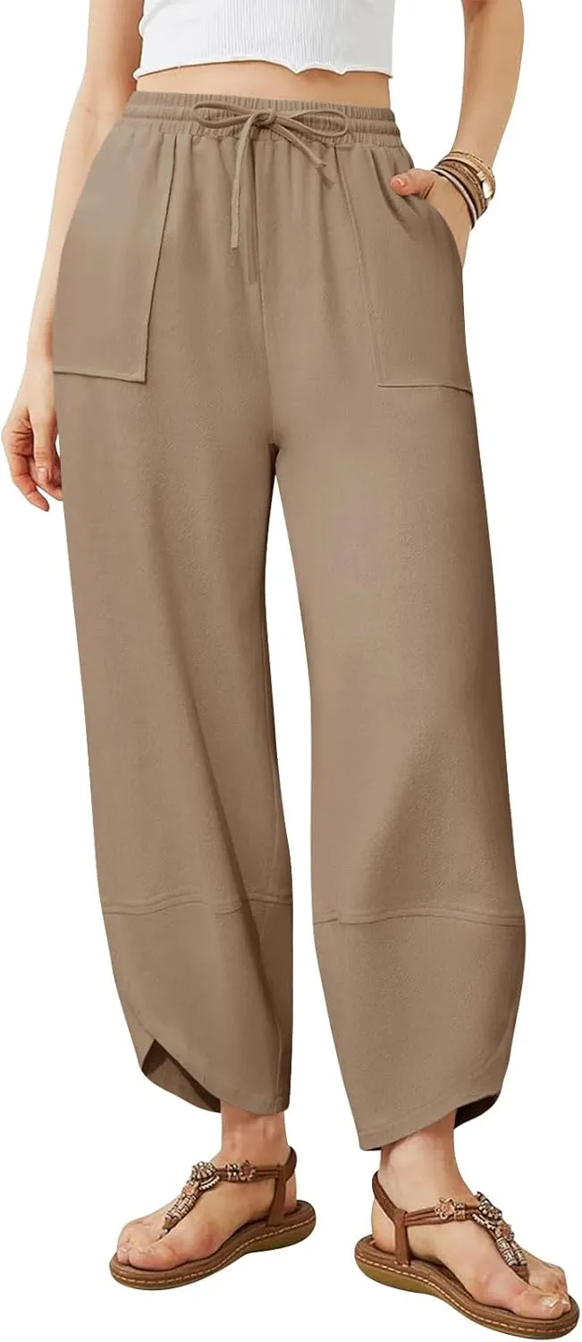 Women's Harem Cotton Linen Pants Wide Leg Barrel Baggy Sweatpants Palazzo Elastic Waist Trousers with Pockets Beach