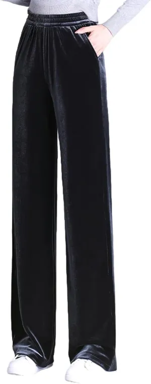 Women's High Waist Velvet Wide Leg Pants, Soft Stretch Trousers with Pockets, Black