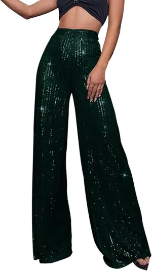 Women's High Waisted 80s Sparkle Sequin Pants Loose Drape Wide Leg Pants Women's Fashion Bling Glitter Dance Pants