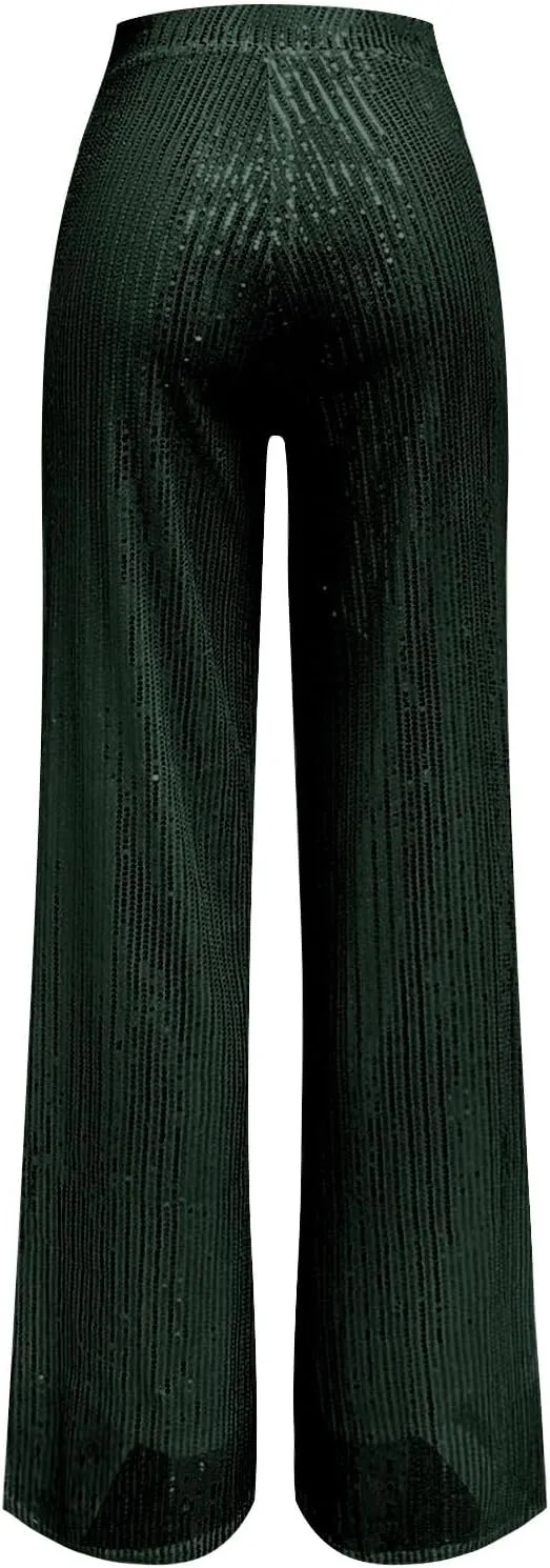Women's High Waisted 80s Sparkle Sequin Pants Loose Drape Wide Leg Pants Women's Fashion Bling Glitter Dance Pants
