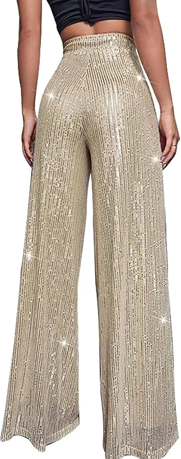Women's High Waisted 80s Sparkle Sequin Pants Loose Drape Wide Leg Pants Women's Fashion Bling Glitter Dance Pants