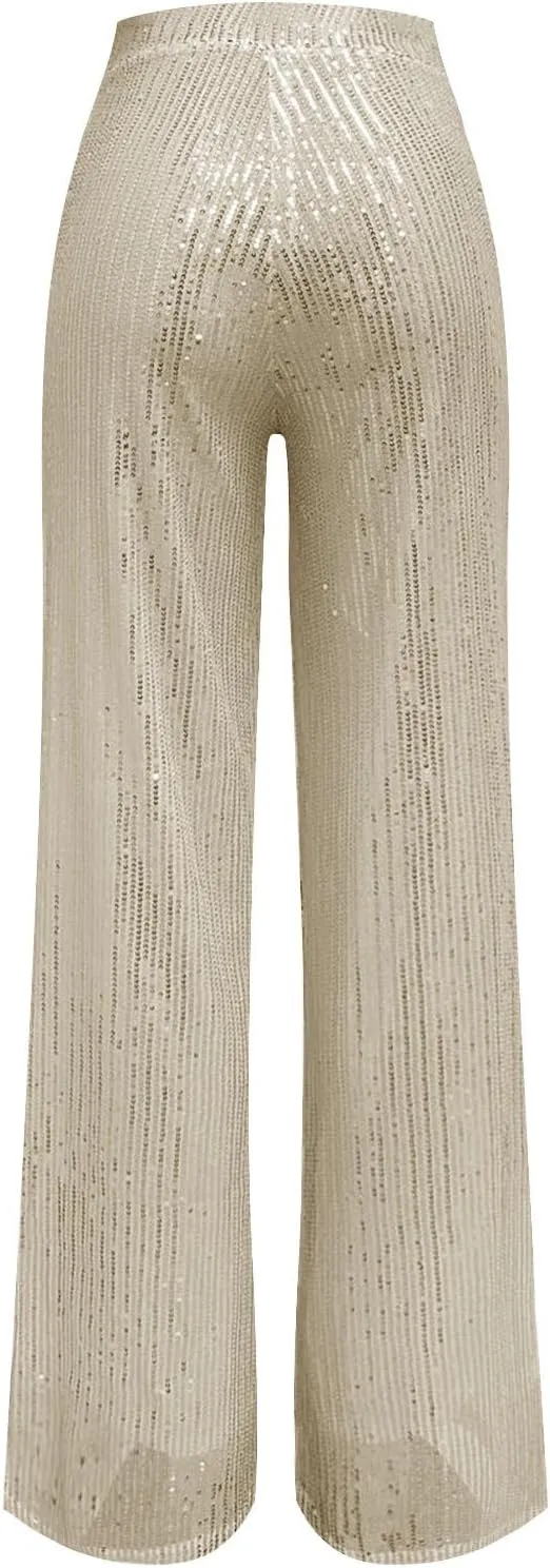 Women's High Waisted 80s Sparkle Sequin Pants Loose Drape Wide Leg Pants Women's Fashion Bling Glitter Dance Pants