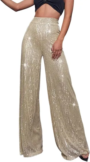 Women's High Waisted 80s Sparkle Sequin Pants Loose Drape Wide Leg Pants Women's Fashion Bling Glitter Dance Pants