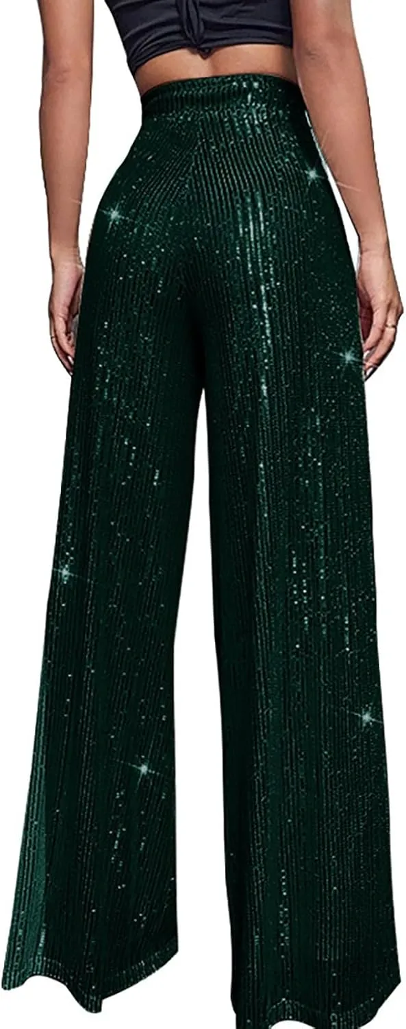 Women's High Waisted 80s Sparkle Sequin Pants Loose Drape Wide Leg Pants Women's Fashion Bling Glitter Dance Pants