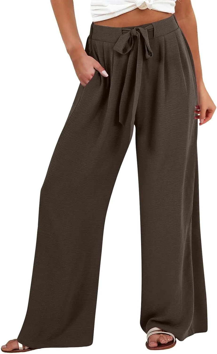 Womens High Waisted Wide Leg Drawstring Pants Office Elegant Fit Stretch Waistband Trousers Evening Party Casual Pant
