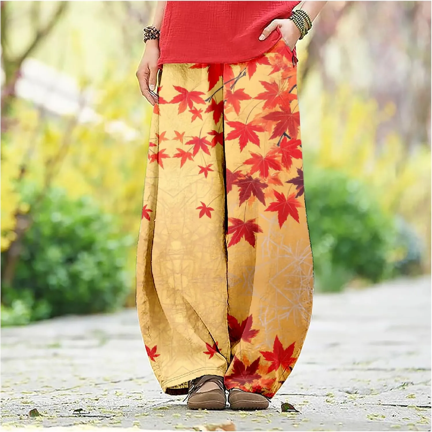 Womens Japanese Art Print Baggy Cotton Linen Pants Elastic Waist Wide Leg Flowy Boho Lounge Pants with Pockets
