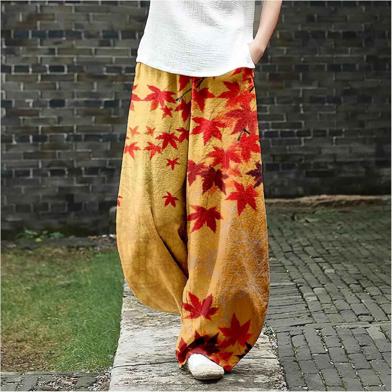 Womens Japanese Art Print Baggy Cotton Linen Pants Elastic Waist Wide Leg Flowy Boho Lounge Pants with Pockets