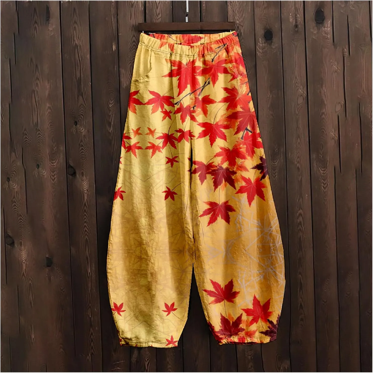 Womens Japanese Art Print Baggy Cotton Linen Pants Elastic Waist Wide Leg Flowy Boho Lounge Pants with Pockets