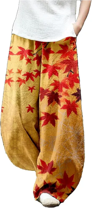 Womens Japanese Art Print Baggy Cotton Linen Pants Elastic Waist Wide Leg Flowy Boho Lounge Pants with Pockets
