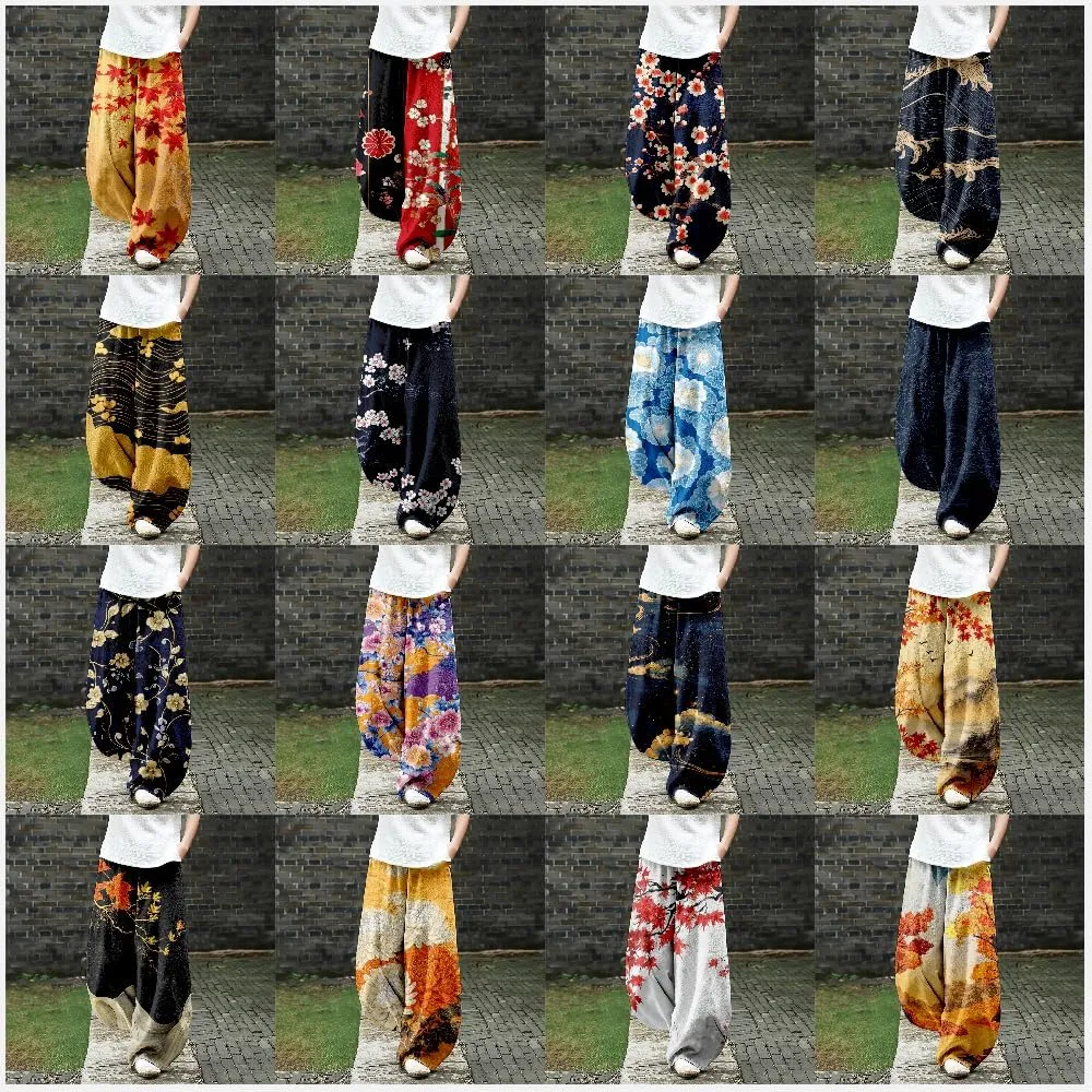 Womens Japanese Art Print Baggy Cotton Linen Pants Elastic Waist Wide Leg Flowy Boho Lounge Pants with Pockets