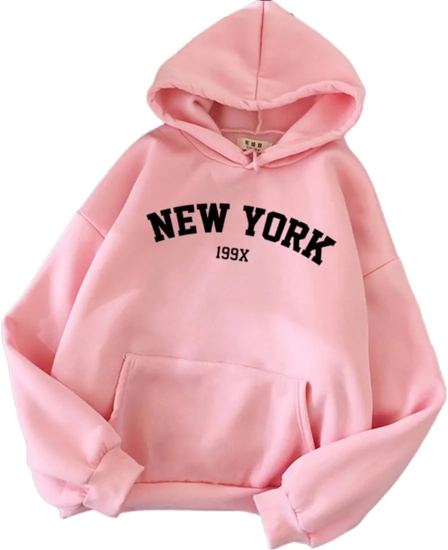 Womens Kawaii Solid Color Long Sleeve Drawstring Printed Pullover Hoodies Soft Sweatshirts with Pockets