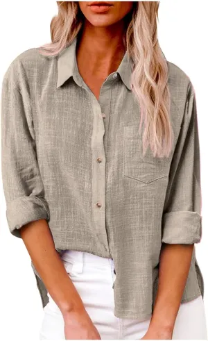 Women's Linen Blouse Long Sleeve Vintage Shirt Top Ladies Summer Casual Womens Dress Tops Shirt