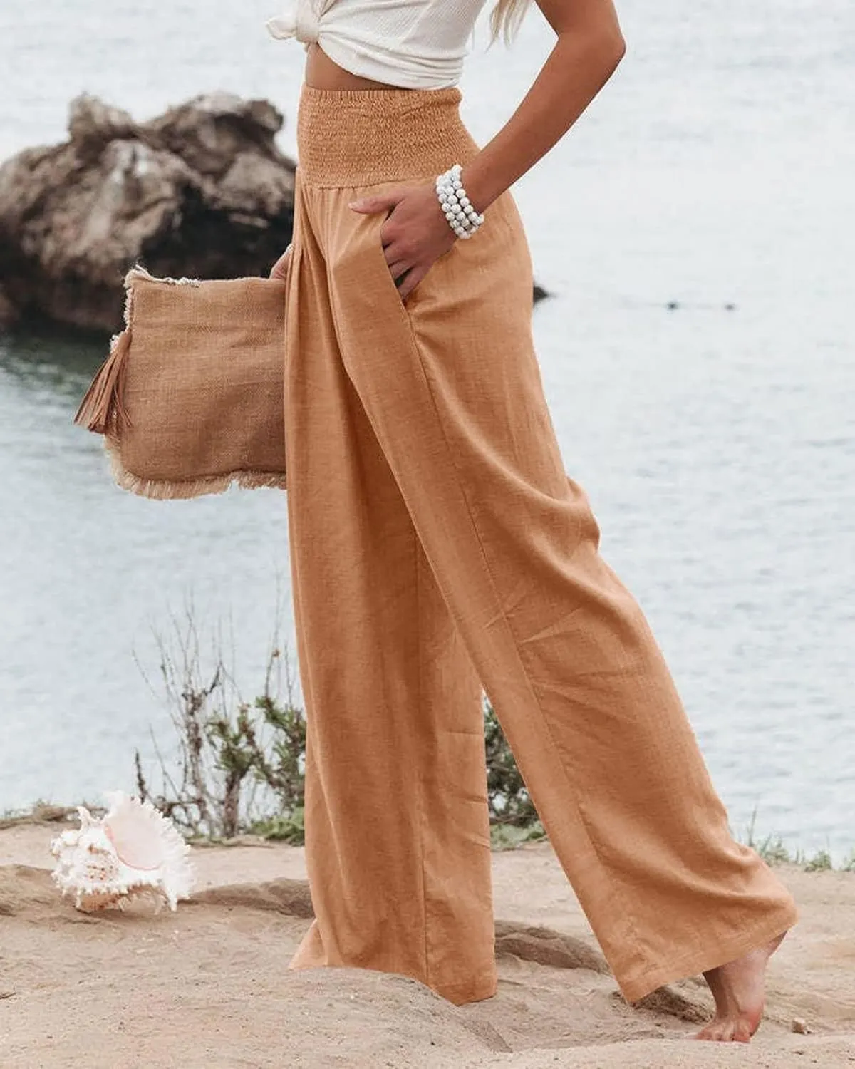 Womens Linen Palazzo Pants Casual Wide Leg High Waist Pant 2025 Summer Flowy Boho Beach Travel Vacation Outfits