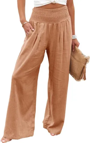 Womens Linen Palazzo Pants Casual Wide Leg High Waist Pant 2025 Summer Flowy Boho Beach Travel Vacation Outfits