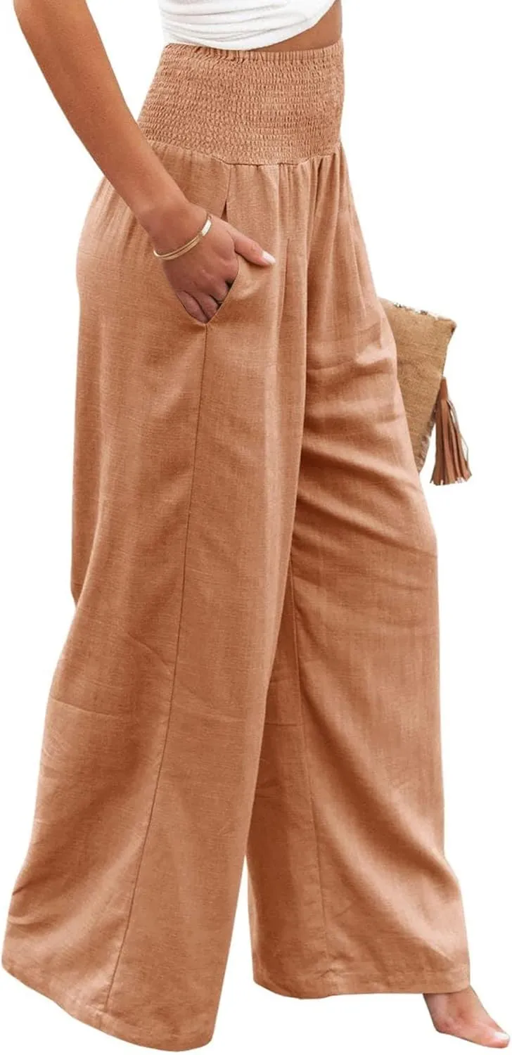 Womens Linen Palazzo Pants Casual Wide Leg High Waist Pant 2025 Summer Flowy Boho Beach Travel Vacation Outfits