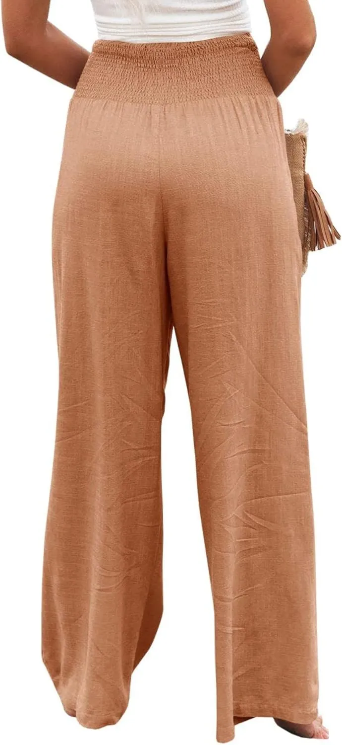 Womens Linen Palazzo Pants Casual Wide Leg High Waist Pant 2025 Summer Flowy Boho Beach Travel Vacation Outfits