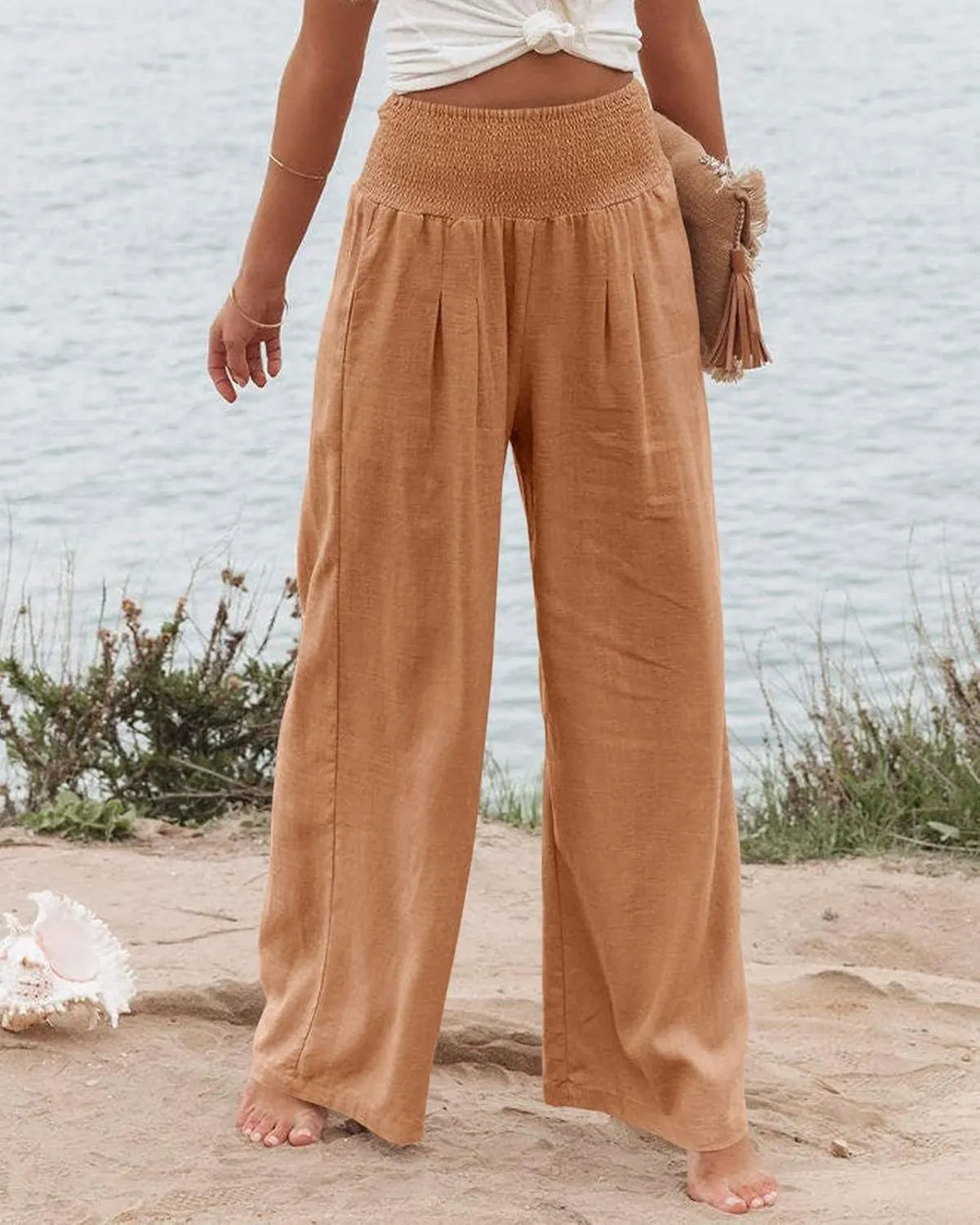 Womens Linen Palazzo Pants Casual Wide Leg High Waist Pant 2025 Summer Flowy Boho Beach Travel Vacation Outfits