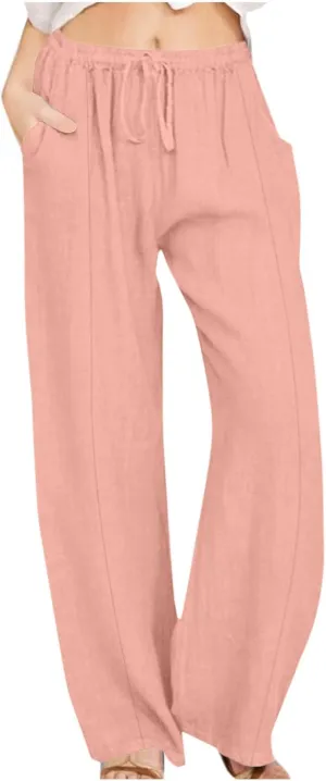 Womens Linen Pants Dressy Lightweight Drawstring High Waisted Pants Casual Lounge Pants Trousers with Pockets