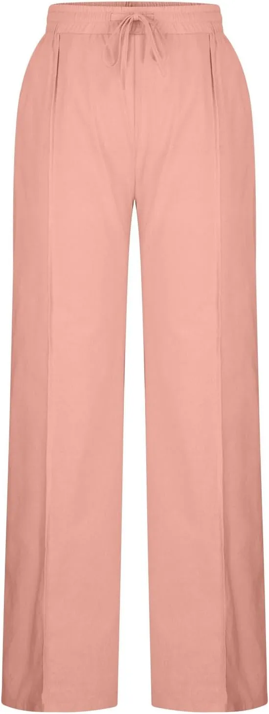 Womens Linen Pants Dressy Lightweight Drawstring High Waisted Pants Casual Lounge Pants Trousers with Pockets
