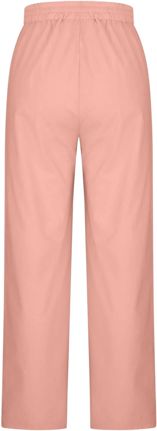 Womens Linen Pants Dressy Lightweight Drawstring High Waisted Pants Casual Lounge Pants Trousers with Pockets