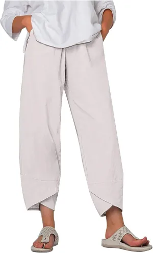 Womens Linen Pants Summer Casual Capri Pants with Pockets Palazzo Cropped Comfy Baggy Trousers High Waisted