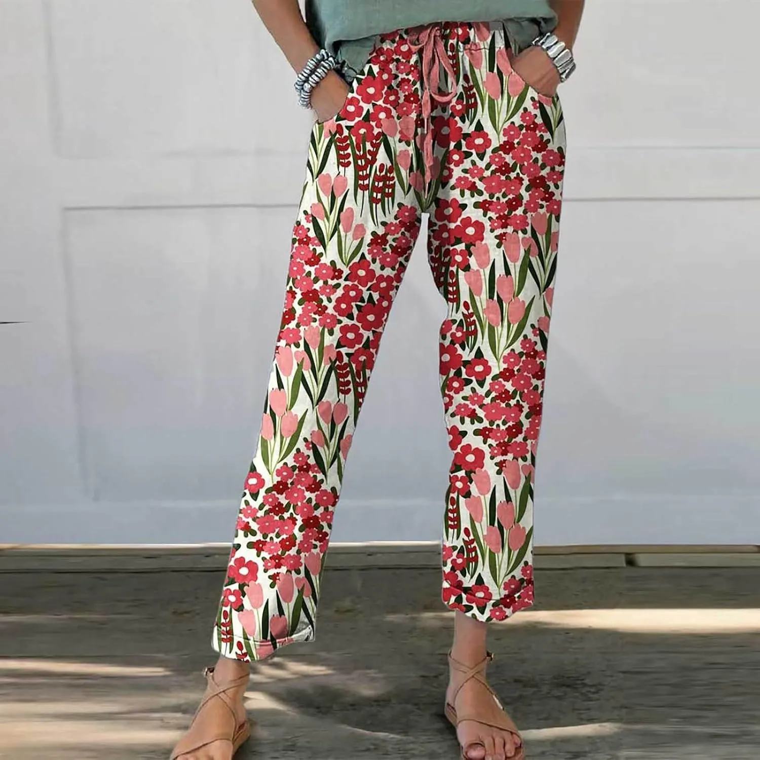 Womens Linen Pants Summer Casual Wide Leg Elastic Waist Tummy Control Trousers Comfy Baggy Beach Pants with Pockets