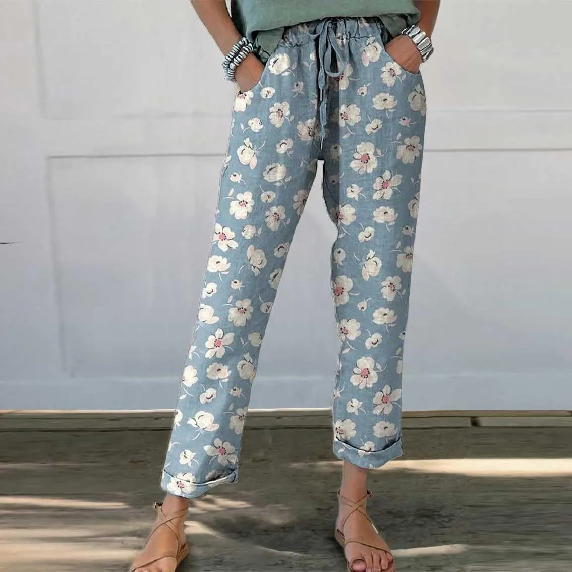 Womens Linen Pants Summer Casual Wide Leg Elastic Waist Tummy Control Trousers Comfy Baggy Beach Pants with Pockets