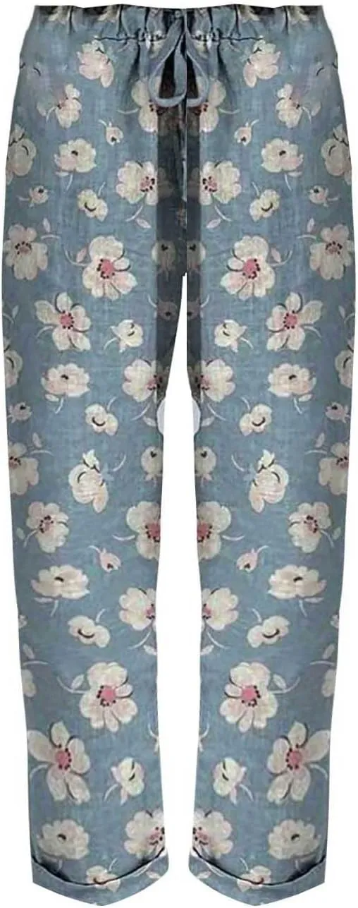 Womens Linen Pants Summer Casual Wide Leg Elastic Waist Tummy Control Trousers Comfy Baggy Beach Pants with Pockets
