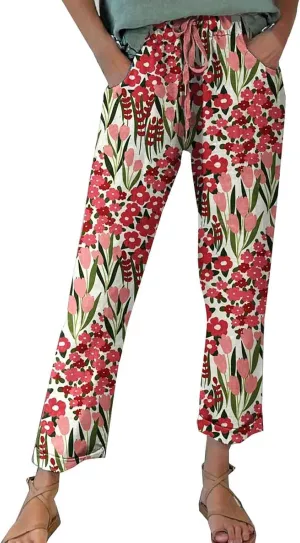 Womens Linen Pants Summer Casual Wide Leg Elastic Waist Tummy Control Trousers Comfy Baggy Beach Pants with Pockets