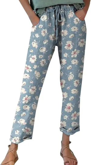 Womens Linen Pants Summer Casual Wide Leg Elastic Waist Tummy Control Trousers Comfy Baggy Beach Pants with Pockets
