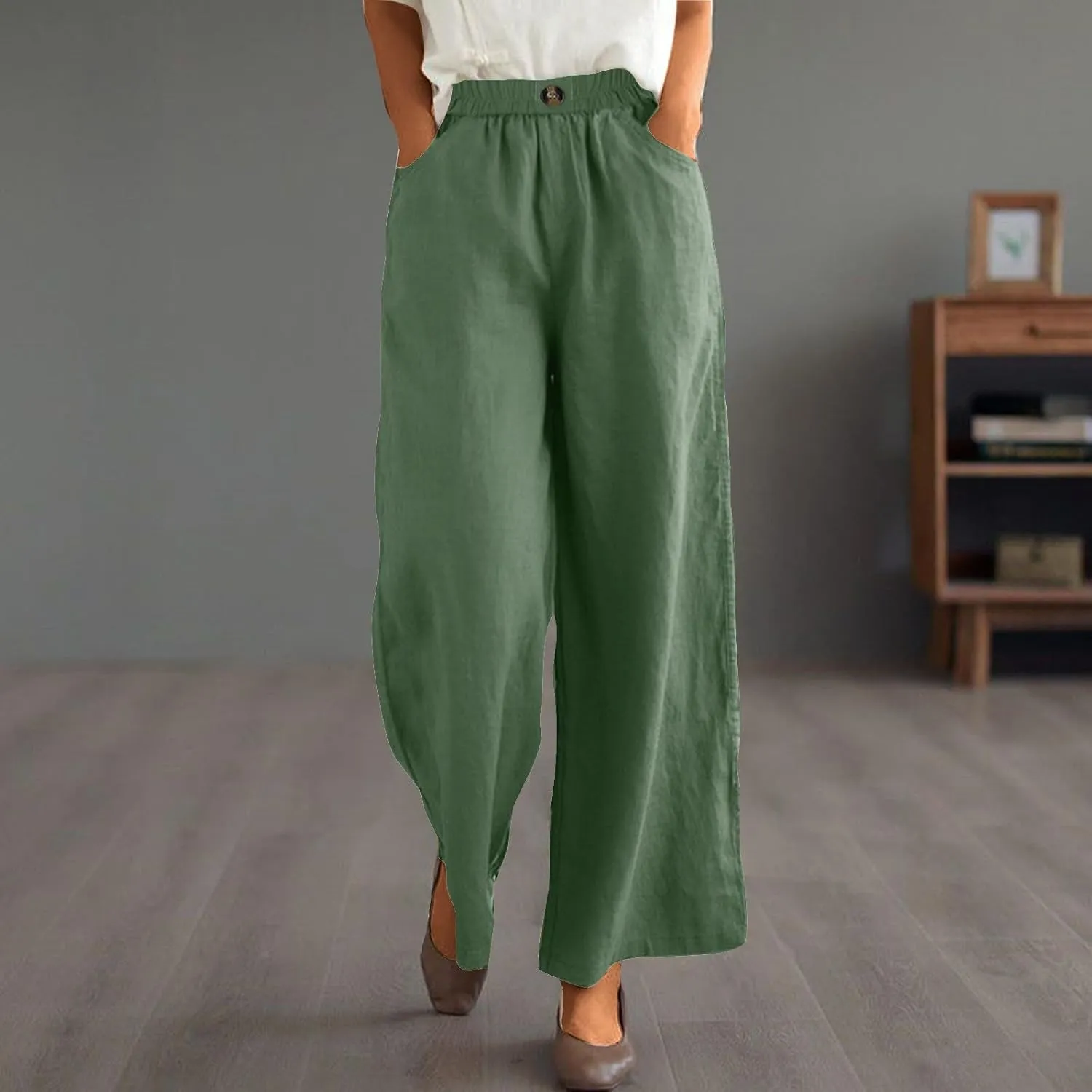 Womens Linen Pants Wide Leg Loose Sports Casual Pants Mid Waist Solid Color Wide Leg Pants Casual Linen Blend Pants