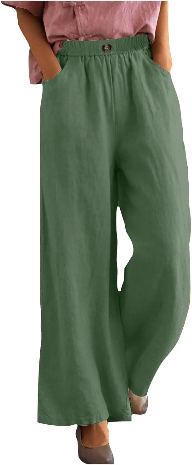 Womens Linen Pants Wide Leg Loose Sports Casual Pants Mid Waist Solid Color Wide Leg Pants Casual Linen Blend Pants
