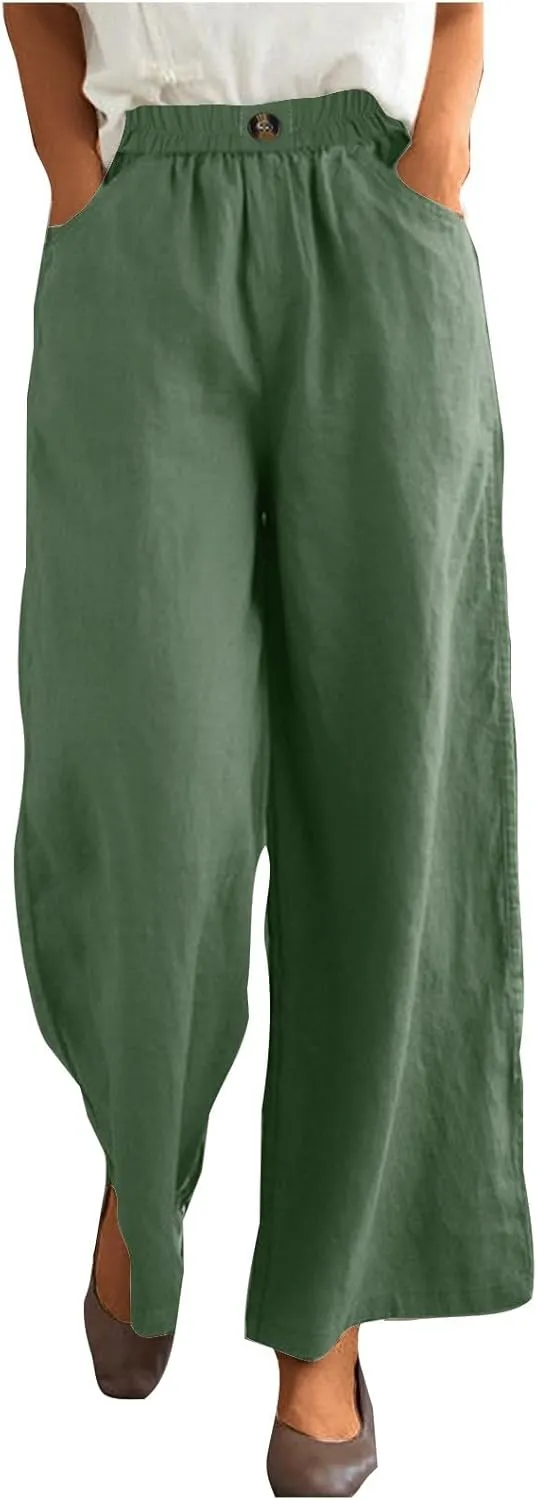 Womens Linen Pants Wide Leg Loose Sports Casual Pants Mid Waist Solid Color Wide Leg Pants Casual Linen Blend Pants
