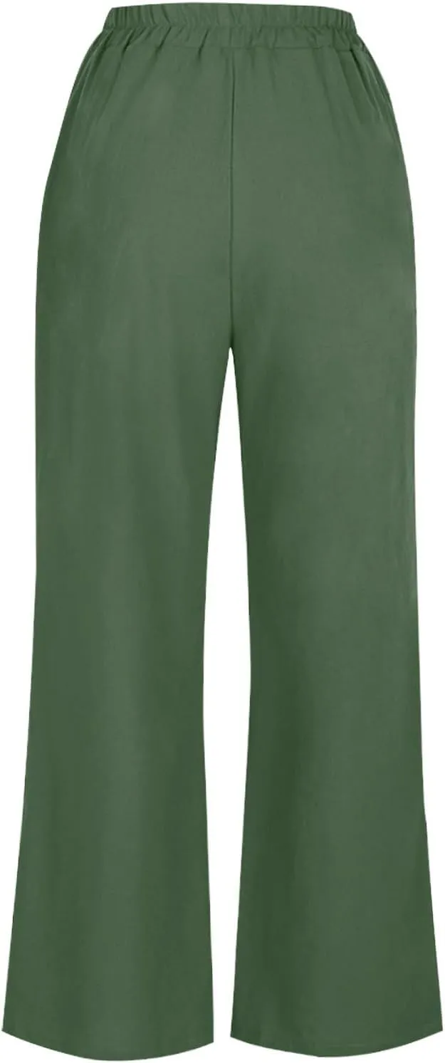 Womens Linen Pants Wide Leg Loose Sports Casual Pants Mid Waist Solid Color Wide Leg Pants Casual Linen Blend Pants